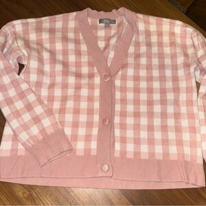 Marled V Neck Pink Gingham Cardigan